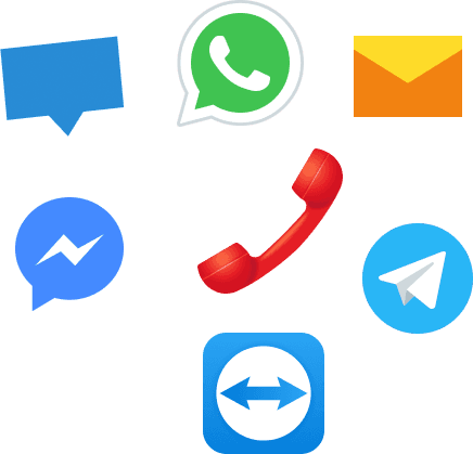 Canales de soporte - WhatsApp, teléfono, correo electrónico, Messenger, Telegram, TeamViewer